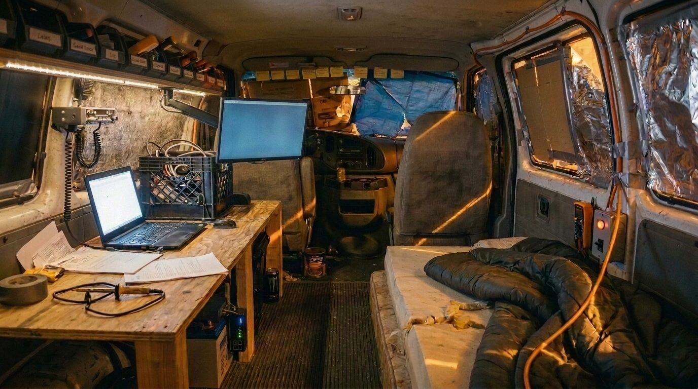 The inside of a van at 3:47am, lit by a sodium street lamp through rain-streaked windows. A laptop glows cold blue on a plywood bench.